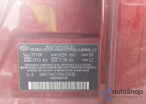 2007 Hyundai Sonata Gls z USA, uszkodzony, nr VIN 5NPET46C17H233436